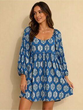 Smith & Quinn Blue Printed Mini Dress with Scoop Neck
